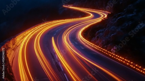 Winding Road with Light Trails at Night