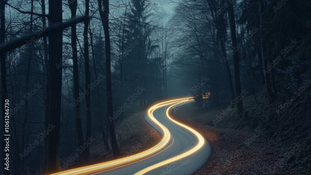 Winding Road Through a Dark Forest with Light Trails Winding Road Through a Dark Forest with Light Trails