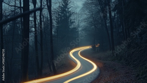 Winding Road Through a Dark Forest with Light Trails