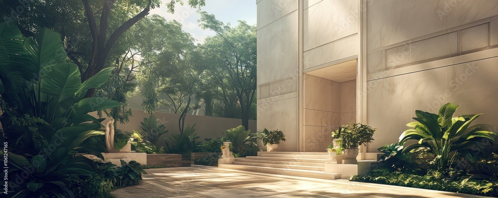 A serene entrance to a modern building, surrounded by lush greenery and sculptures. A serene entrance to a modern building, surrounded by lush greenery and sculptures.