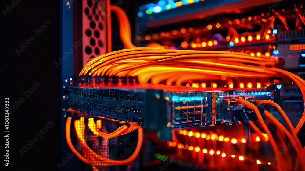Close up of server rack with orange cables plugged into ports.