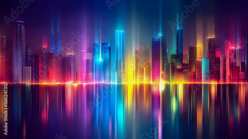 Vibrant Urban Skyline with Colorful Reflections