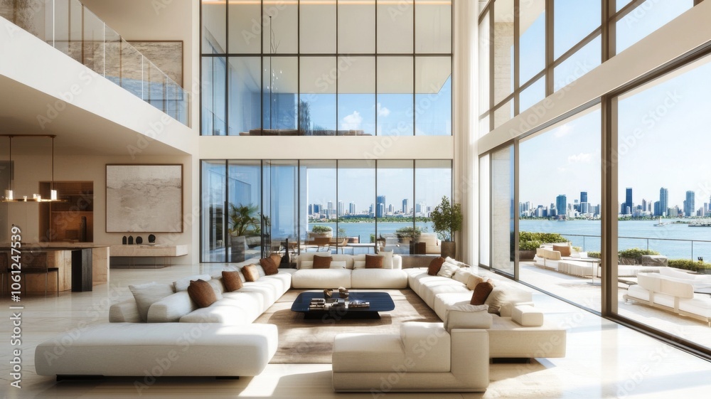 Fototapeta premium Modern Living Room with Large Windows and City Skyline View