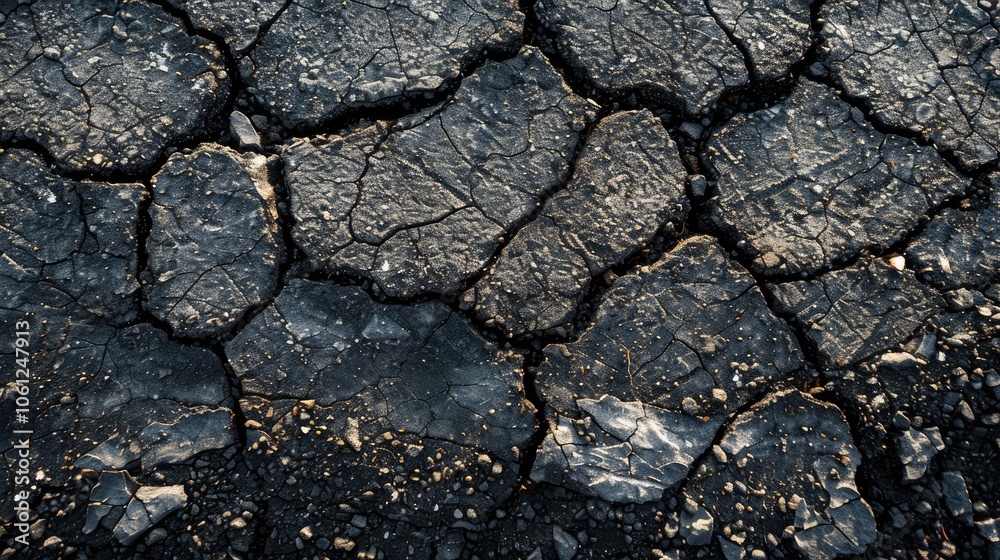 Texture of cracked lines on asphalt road surface, top view with empty space