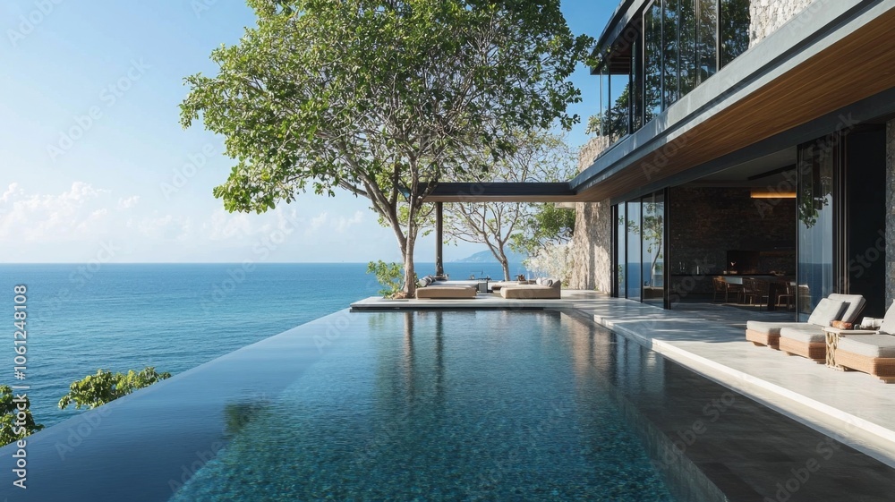 Fototapeta premium Modern Architecture with Infinity Pool Overlooking the Ocean