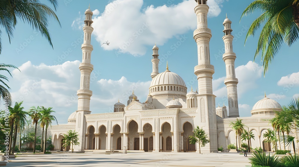 Fototapeta premium A grand mosque featuring tall minarets, domes, and palm trees under a clear sky.