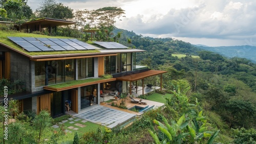 Modern House with Green Roof and Solar Panels on a Hillside