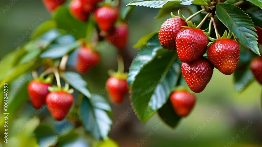 Red strawberry are hanging on the tree blurred background