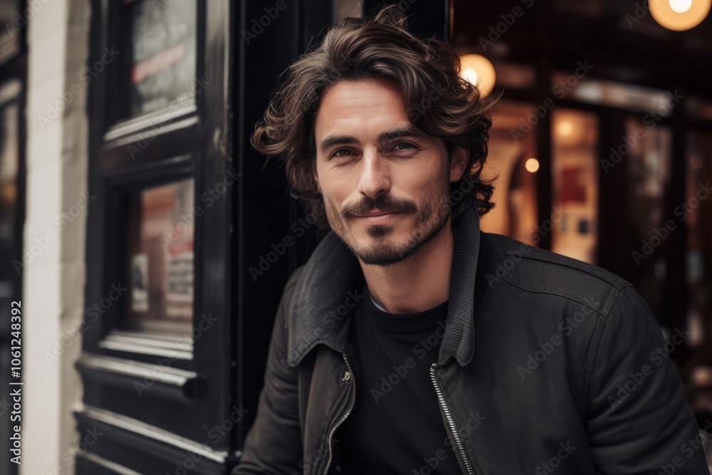 Handsome young man in black jacket looking at camera and smiling while standing near cafe