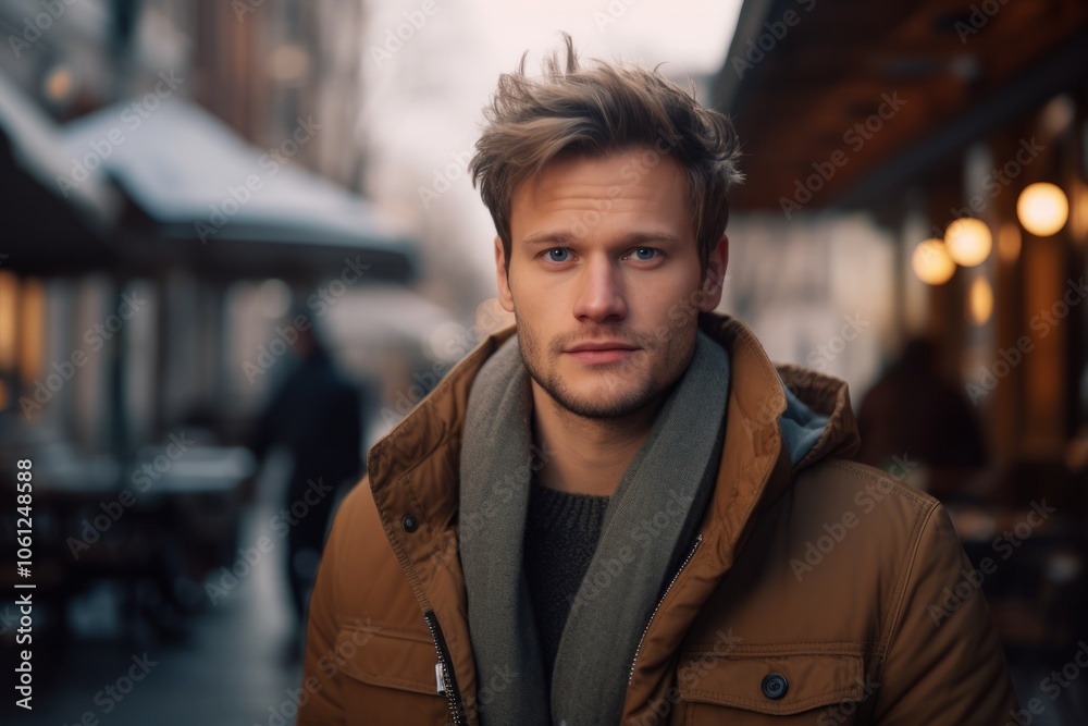 Portrait of a handsome young man in a brown coat on the street. Portrait of a handsome young man in a brown coat on the street.