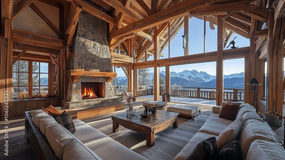 Fototapeta premium Cozy Living Room with Mountain View and Fireplace