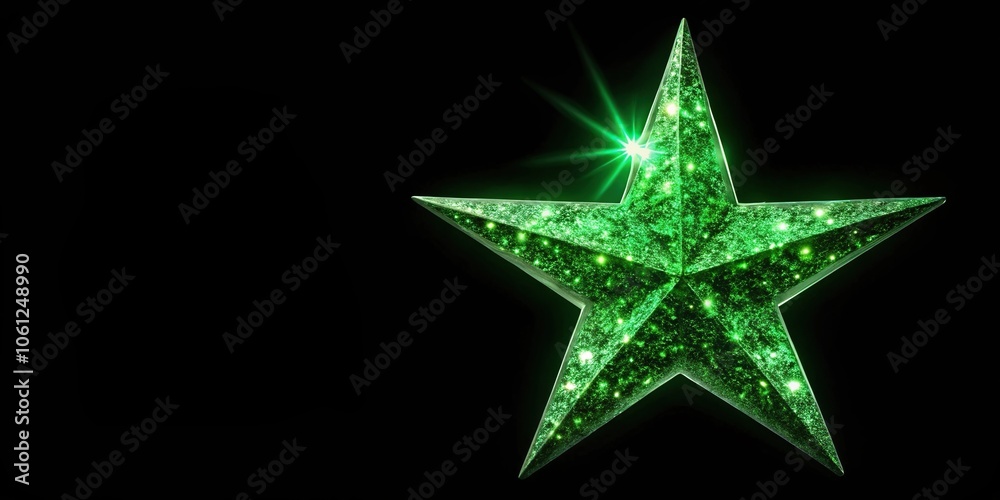 Obraz premium festive green sparkling star on black background, tilted angle