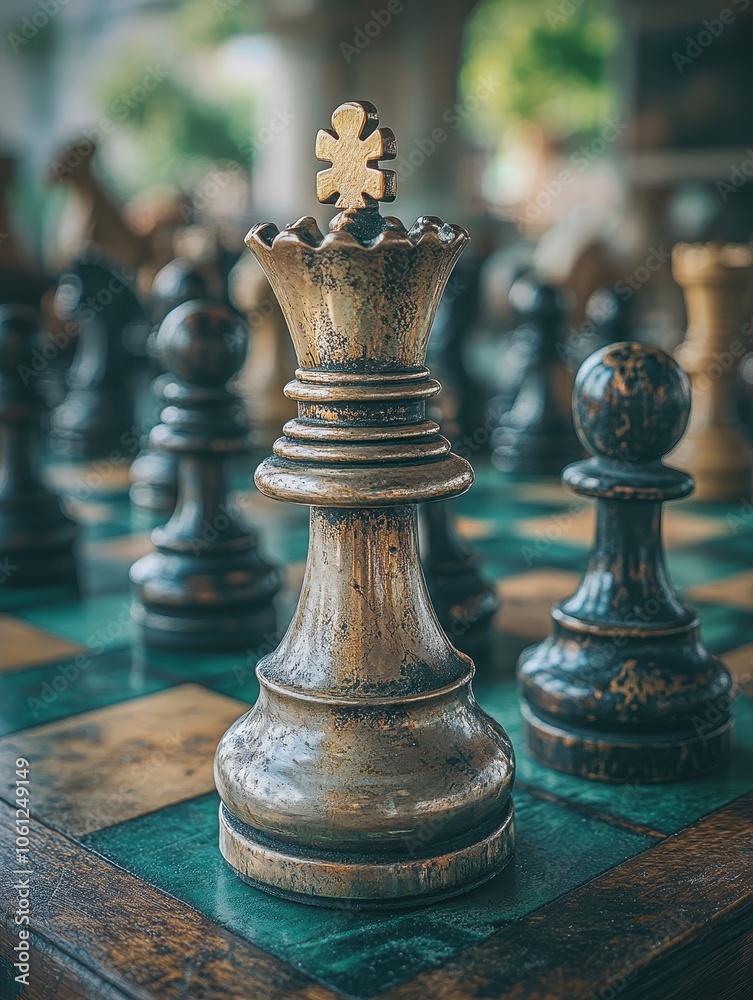 Fototapeta premium Vintage Chess Set with Focus on Queen Piece in Rustic Setting, Capturing Strategic Elegance and Timeless Game Atmosphere