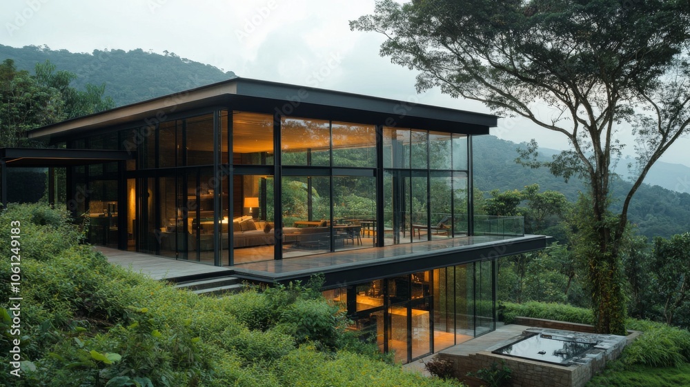 Modern Glass House with Mountain View and Pool Modern Glass House with Mountain View and Pool