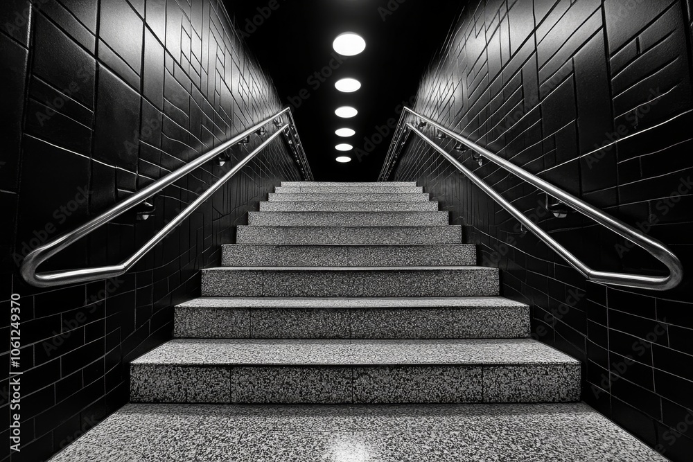 Fototapeta premium Narrow staircase descending into darkness, with only faint light at the top, capturing the ominous feeling of horror in confined spaces, symbolizing mystery and suspense