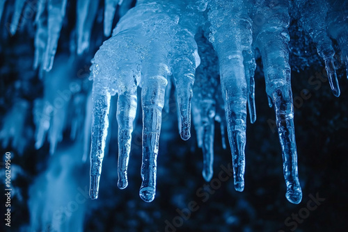 of Ice Age stalactites in a frozen cave.