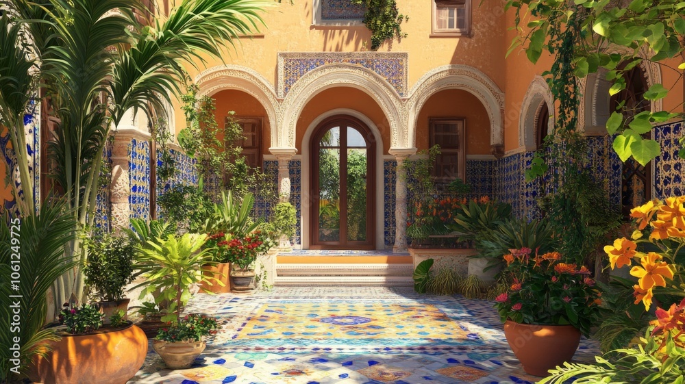 A sun-drenched courtyard with arches, tiled floors, and lush greenery. A sun-drenched courtyard with arches, tiled floors, and lush greenery.