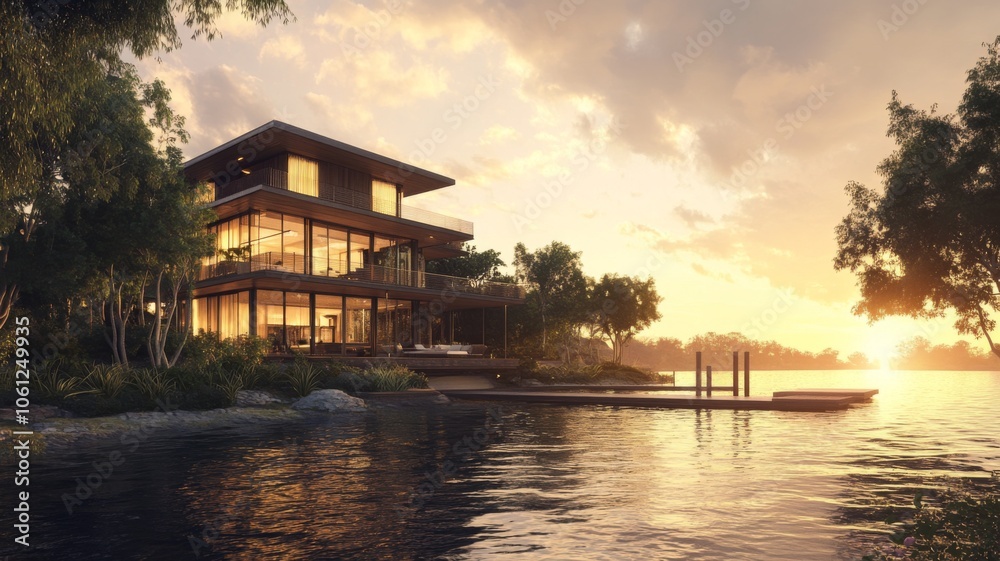 Modern Waterfront House at Sunset with a Wooden Dock Modern Waterfront House at Sunset with a Wooden Dock