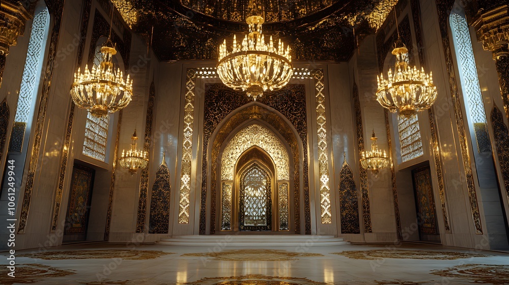 A grand, ornate hall featuring intricate designs and chandeliers.