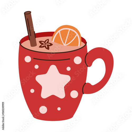 Homemade mulled wine with orange and spices flat color vector object. Warming Christmas drink in mug illustration on white background