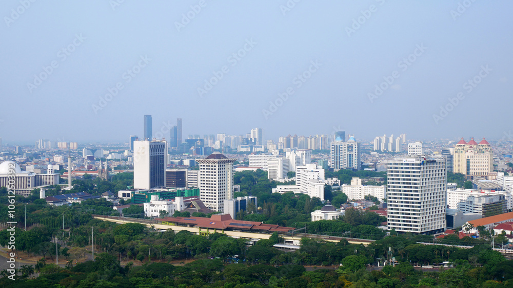 Jakarta, Indonesia, October 24, 2024: Jakarta city skyline from the top. City buildings are covered in a haze of pollution Jakarta, Indonesia, October 24, 2024: Jakarta city skyline from the top. City buildings are covered in a haze of pollution