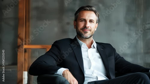 Confident man in modern black suit sitting on chair indoors, exuding professionalism with relaxed smile that conveys assurance and success in business world.