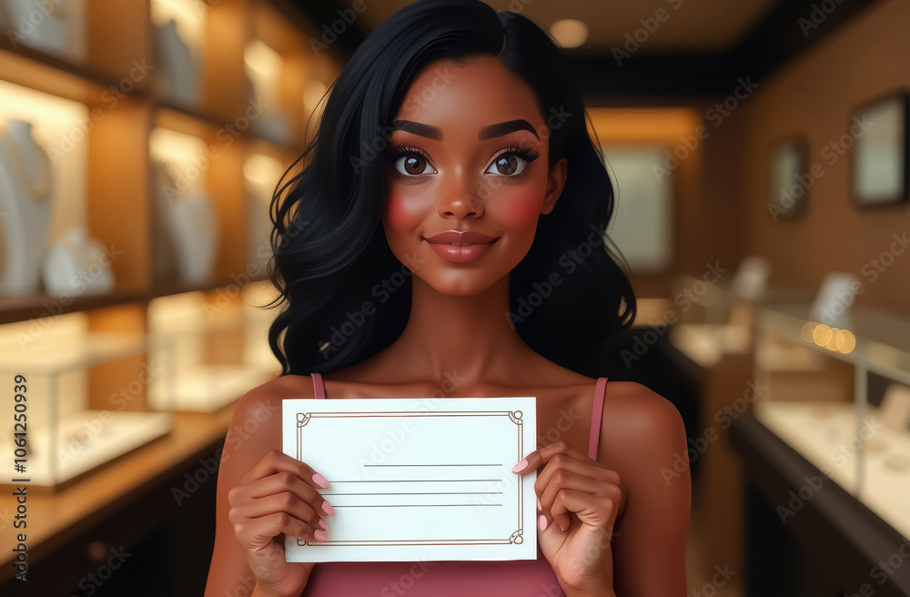 African American woman holding discount certificate mockup
