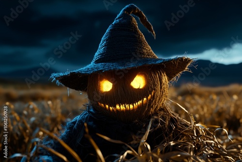 Scarecrow with wind-blown clothes in a field at dusk, capturing the lonely and eerie look of scarecrows at nightfall, symbolizing solitude and mystery photo