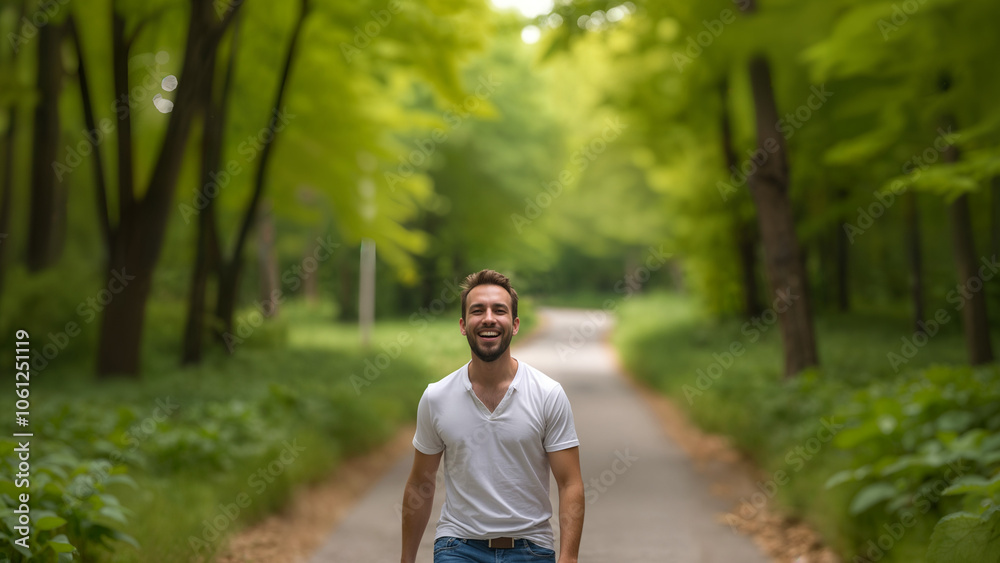 A Cheerful Man Smiling While Walking on a Charming Cobbled Road in Wooded Area A Cheerful Man Smiling While Walking on a Charming Cobbled Road in Wooded Area