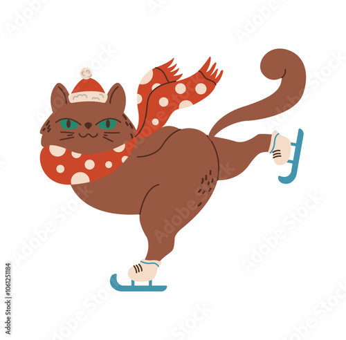 Playful New Year cat on skates flat color vector character. Funny animal in Santa hat and winter scarf illustration on white background