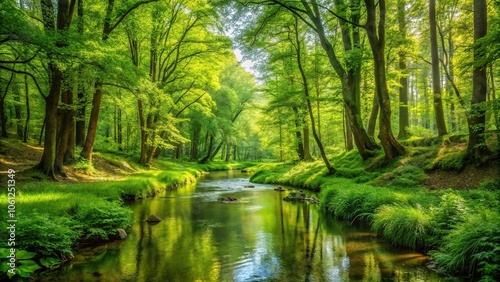 Lush green forest during summer with a meandering stream running through it, forest stream, winding path, branches, tree bark