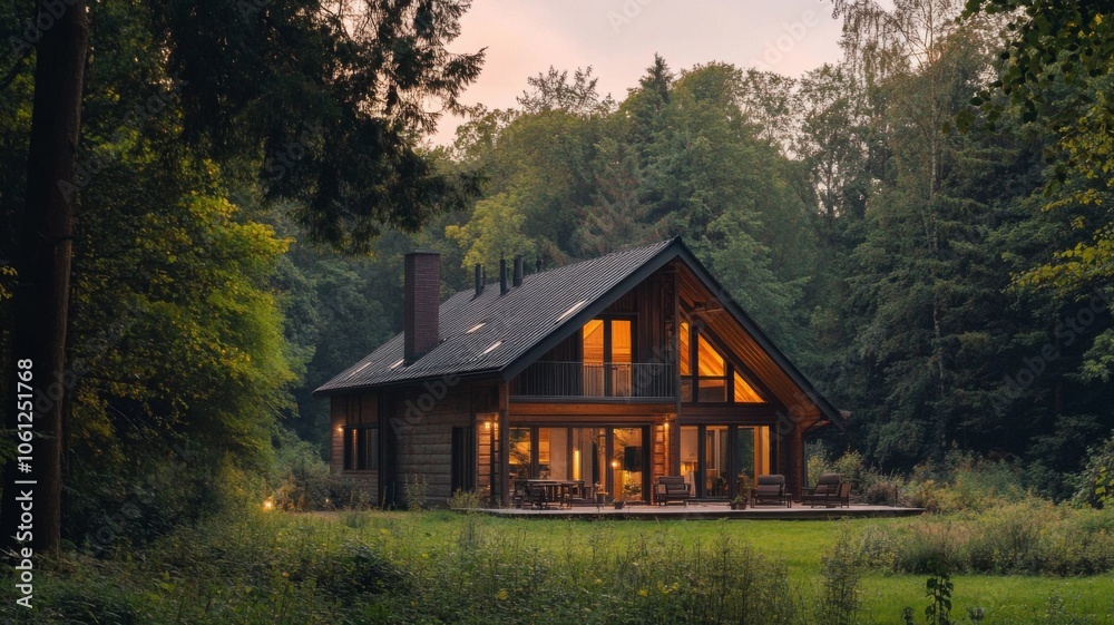 A modern wooden cabin nestled within a dense forest at dusk A modern wooden cabin nestled within a dense forest at dusk