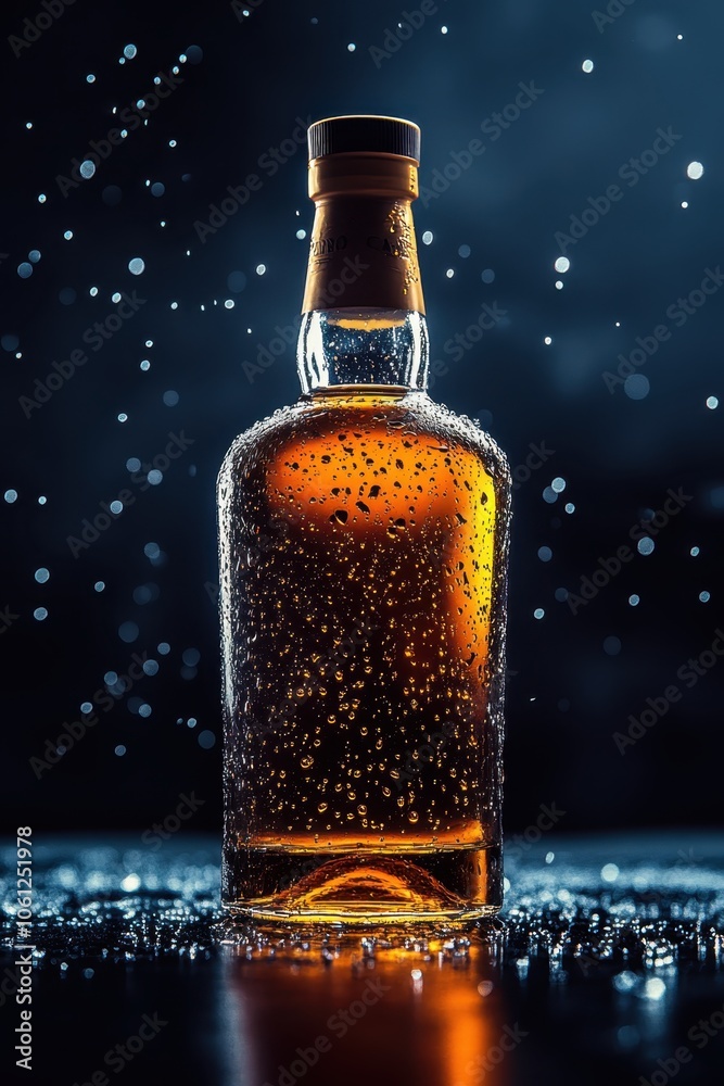 Whiskey Bottle with Droplets in Low Light Whiskey Bottle with Droplets in Low Light