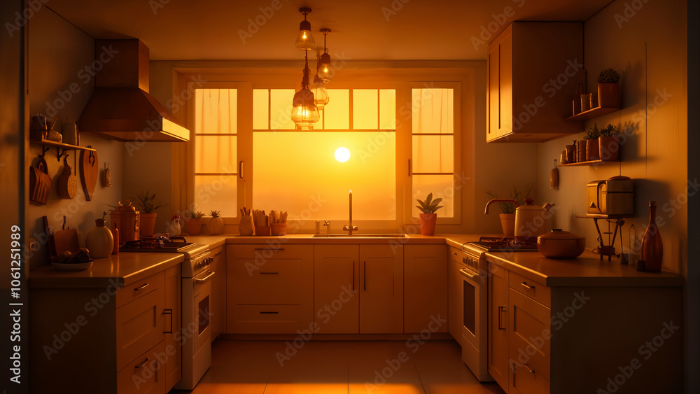 Fototapeta premium A Cozy Small Kitchen Bathed in the Warm Colors of a Setting Sun Creating an Inviting Atmosphere