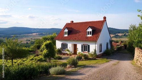 Wallpaper Mural White Cottage with Red Tile Roof and Stone Pathway in a Rural Setting Torontodigital.ca
