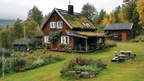 A Rustic Wooden Cabin with a Grass-Covered Roof and a Lush Garden