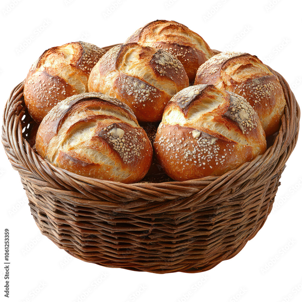 Freshly baked bread rolls in a wicker basket on Transparent Background Freshly baked bread rolls in a wicker basket on Transparent Background