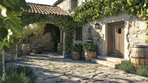 Stone Courtyard with Wooden Door and Barrels, Overgrown with Vines