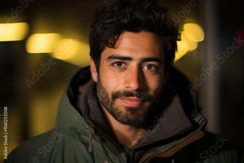 Portrait of a handsome young man with a beard in a city at night