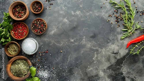 Top view of herbs, spices, and condiments on a stone background with space for text.