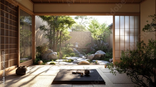 Japanese-Style Room with Sliding Doors Leading to a Tranquil Garden photo