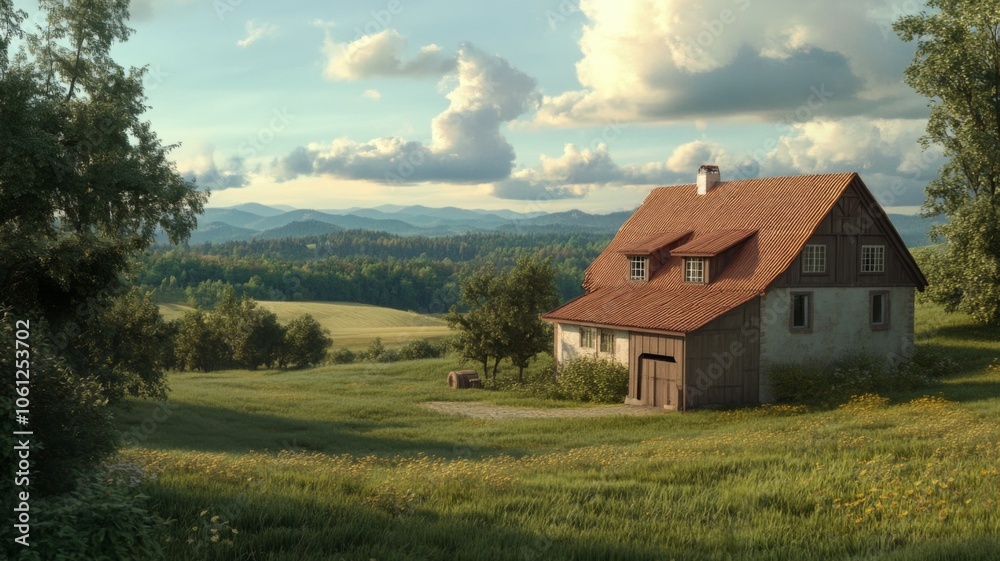 A Rustic Farmhouse Nestled in a Rolling Meadow with Mountain Views A Rustic Farmhouse Nestled in a Rolling Meadow with Mountain Views