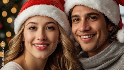 Man and woman joyfully wearing Santa hats