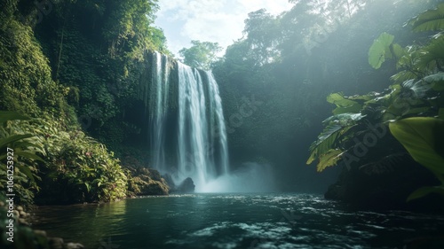 Lush Rainforest Waterfall with Misty Sunlight