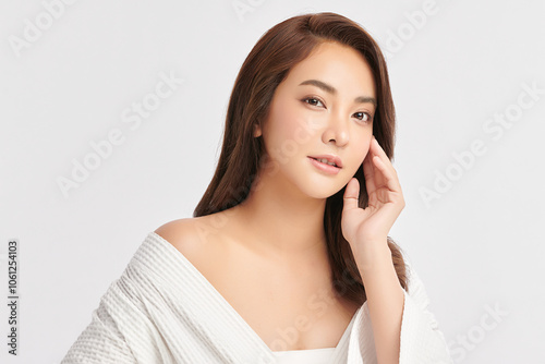 Beautiful young asian woman with clean fresh skin on white background, Face care, Facial treatment, Cosmetology, beauty and spa, Asian women portrait.