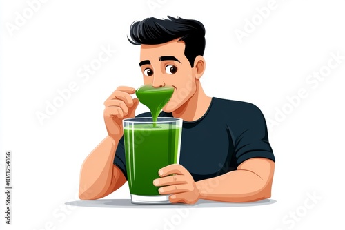a 2D cartoon illustration of a person drinking green juice for detoxifying fresh and healthy white background