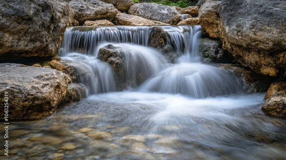 A Serene Waterfall Cascading Over Smooth Rocks in a Rocky Creek Bed A Serene Waterfall Cascading Over Smooth Rocks in a Rocky Creek Bed