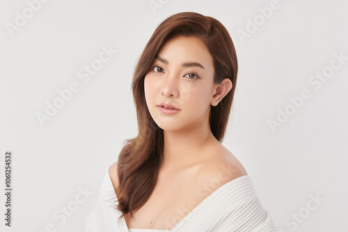 Beautiful young asian woman with clean fresh skin on white background, Face care, Facial treatment, Cosmetology, beauty and spa, Asian women portrait.