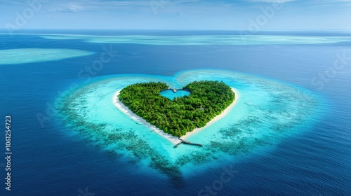 Aerial view highlighting a charming heart-shaped island amidst tranquil blue waters, encapsulating romance and natural serenity