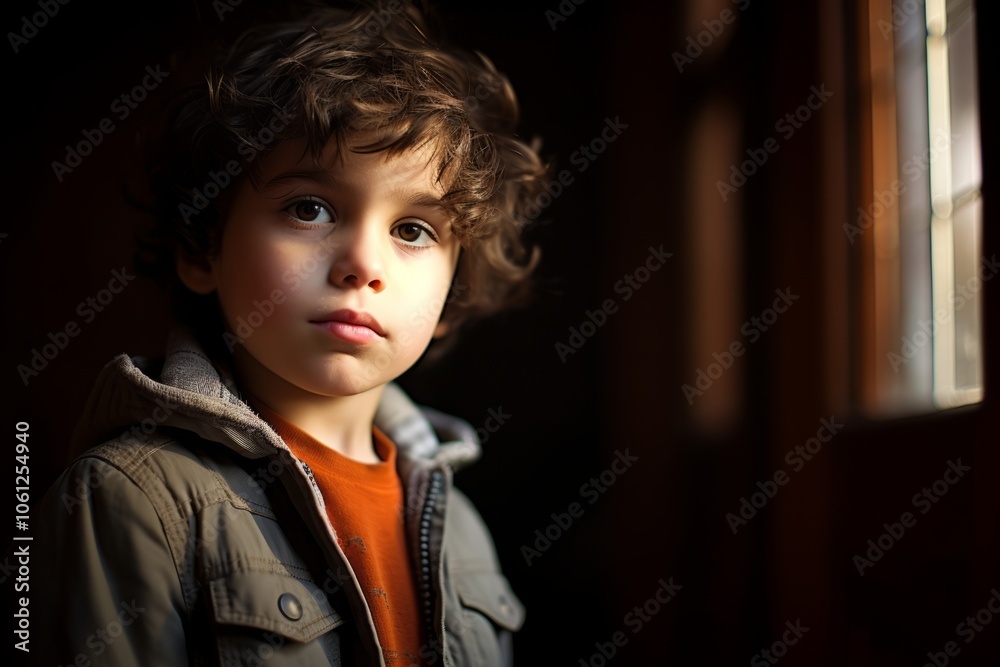Portrait of a cute little boy with curly hair in a warm jacket Portrait of a cute little boy with curly hair in a warm jacket